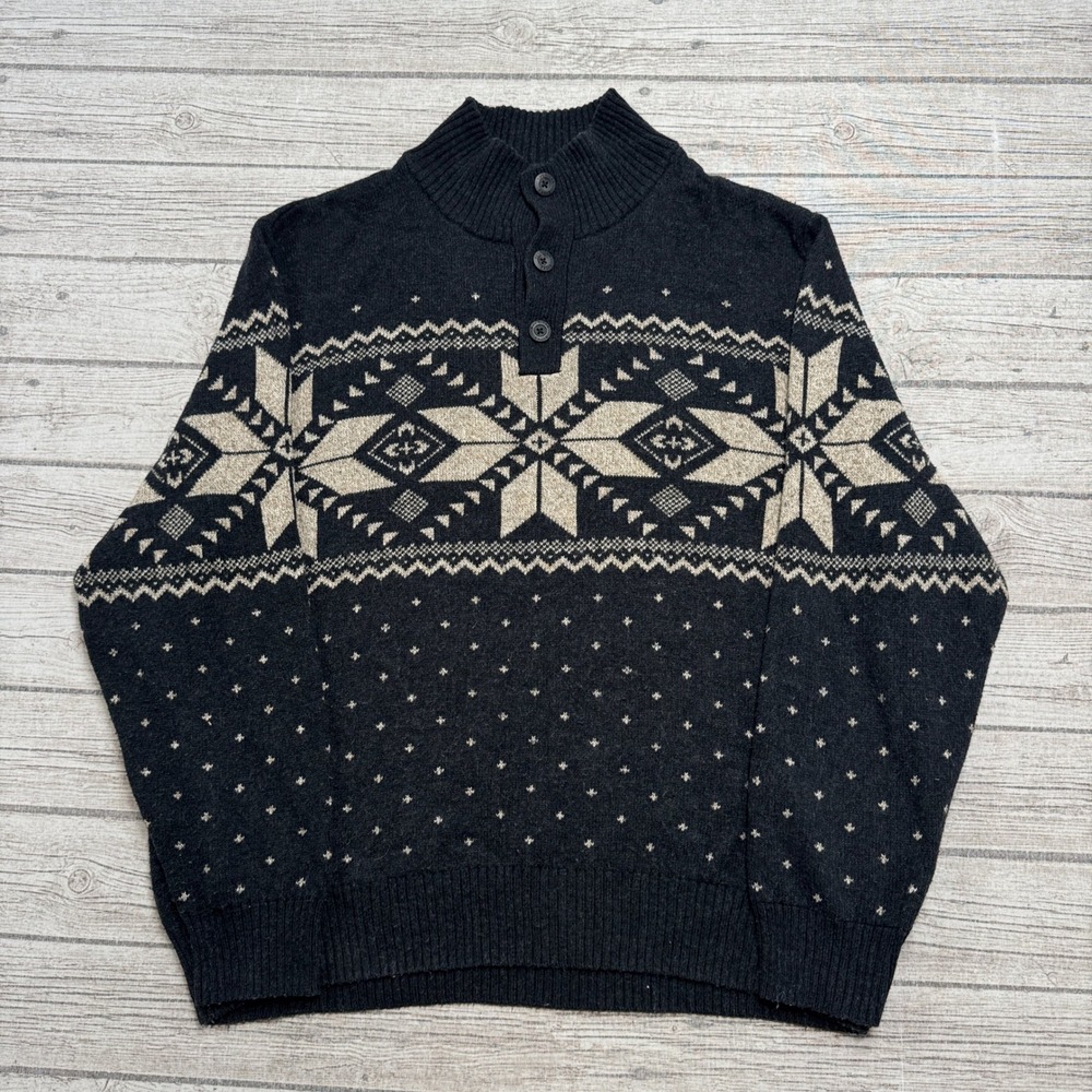 American Eagle Sweater Mens 2XL Black Nordic Fair Isle Snowflake Henley Pullover